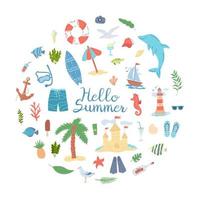 Set of summer holidays and tourism, hello summer. Relaxing on the beach. Flat vector illustration