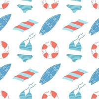 Summer seamless doodle pattern. Bikini, lifebuoy, beach towel, surfboard. Flat vector illustration