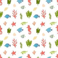 Summer seamless pattern with seaweed, corals and shells. Flat vector illustration