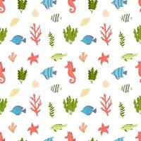 Summer seamless pattern with seaweed, corals and shells. Flat vector illustration
