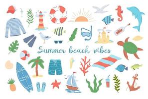 Summer and beach holidays, a set of items. Flat vector illustration