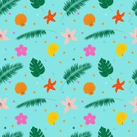 Seamless summer pattern with tropical flowers and leaves. Flat vector illustration