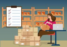 A female employee checks the quality of the parcel with a barcode scanner before delivering the product to the customer. Service concept. vector illustration