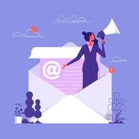 Email marketing, CRM, subscription on web and sending email newsletter for discount or promotion information concept, businesswoman standing in email envelope announcing promotion through megaphone vector