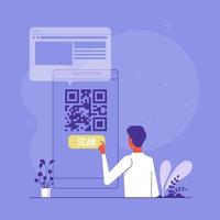 el hombre está utilizando un sistema de pago móvil sin efectivo o escaneando un código qr, concepto de uso del servicio de banca digital y aplicación para la acumulación de bonificaciones, ilustración plana de vectores de dibujos animados