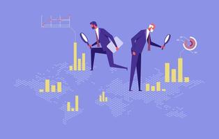 Businessman use magnifying glass to analyses graph each country on world map, investment opportunity and business analysis concept vector