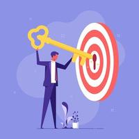 Key to success and achieve business target, career achievement or secret for success in work, businessman putting golden key into bullseye target key hold to unlock business success