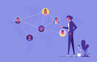 Networking or social network concept, female character connecting together different members of the system. Vector flat illustration in modern style