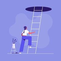 Businesswoman thinks to make a next step into the future, woman in doubt and indecision stands of the stairs to the top. Concept of a difficult choice, decision making vector