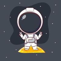 Cute cartoon character of Astronaut standing on the moon with peace hand sign. Hand drawn chibi character isolated background. vector