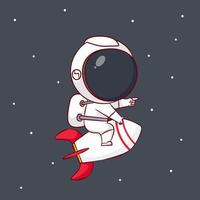 lindo personaje de dibujos animados de astronauta montando cohetes. fondo aislado de personaje chibi dibujado a mano. vector