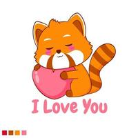 lindo panda rojo abrazando amor personaje de dibujos animados vector