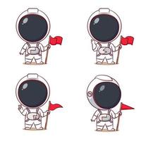 lindo personaje de dibujos animados de astronauta sosteniendo la bandera. fondo aislado de personaje chibi dibujado a mano. vector