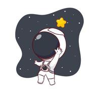 lindo personaje de dibujos animados de astronauta alcanzando la estrella. fondo aislado de personaje chibi dibujado a mano. vector