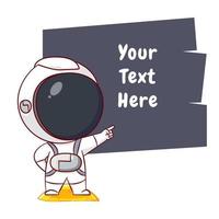 lindo personaje de dibujos animados de astronauta señalando la mano con texto de burbuja. fondo aislado de personaje chibi dibujado a mano. vector