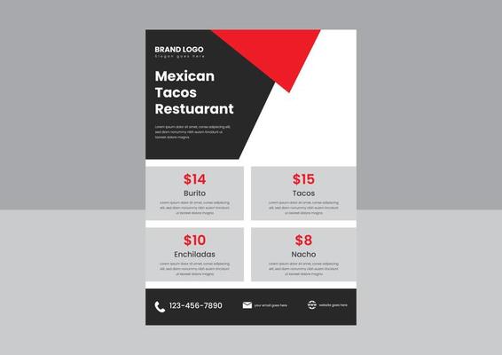 Mexican restaurant food menu flyer poster design. Tacos special food Mexican restaurant flyer design template