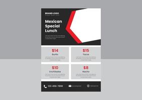 diseño de afiches de volantes de menú de comida de restaurante mexicano. plantilla de diseño de volante de restaurante mexicano de comida especial de tacos vector