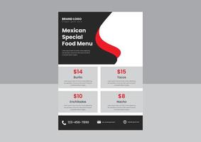 diseño de afiches de volantes de menú de comida de restaurante mexicano. plantilla de diseño de volante de restaurante mexicano de comida especial de tacos vector