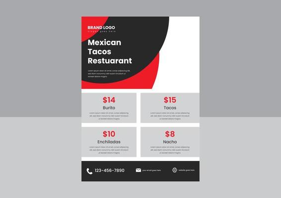 Mexican restaurant food menu flyer poster design. Tacos special food Mexican restaurant flyer design template