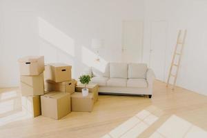 Spacious room with sofa, piles of cardboard boxes and ladder, white walls, with no people, personal belongings, domestic flower in pot, floor lamp. Loan mortgage and delivery service concept photo