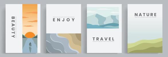 4 juegos de plantillas de portadas de viajes por la naturaleza. hermoso vector de puesta de sol, lagos, montañas, colinas, llanuras, playas y lagos en un estilo minimalista. adecuado para portadas de libros, carteles, decoraciones, plantilla web.