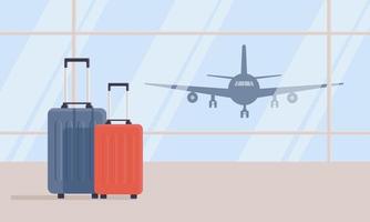 Two travel suitcases in empty waiting area of airport terminal, against background of large windows, take-off of plane in background. Concept of vacation or business trip. Airport. Vector illustration
