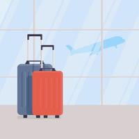 Two travel suitcases against background of large windows in waiting area of airport terminal, view of plane taking off. Interior of airport. Concept of vacation or business trip vector