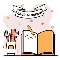 Back to school. Open book, school notebook, pencils, brushes, ruler. Colored icon, doodle. Template for educational website. Design decoration of school schedule, training courses. Vector illustration