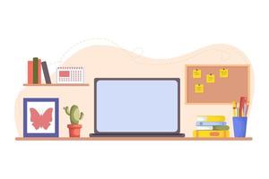 Desktop with laptop, stack of books, stationery, flower and painting. Learning and working online Concept. Arrangement of workplace in office or home. Board for records