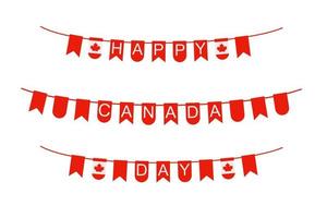 empavesado festivo feliz para el día de canadá, fondo blanco. empavesado de banderas con inscripción feliz día de canadá. banderas rojas y blancas con letras y hoja de arce canadiense vector