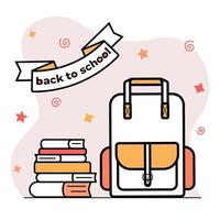 Back to school. School backpack, stack of books, textbooks. Colored icons, doodle. Postcard, leaflet, template for educational website. Design of school schedule, training courses. Vector illustration