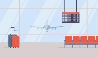 Modern interior of airport. Two travel suitcases, chairs, scoreboard in waiting area of airport terminal. Large windows, plane in background. Concept of vacation or business trip. Vector illustration