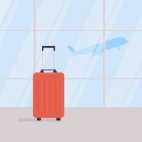 Travel suitcase in empty waiting area of airport terminal, against background of large windows, take-off of plane in background. Concept of vacation or business trip. Airport. Vector illustration