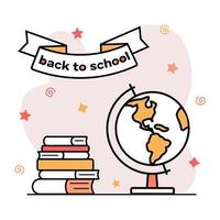 Back to school. Student's School globe, stack of books, textbooks. Colored icon, doodle. Template for educational website. Design decoration of school schedule, training courses. Vector illustration