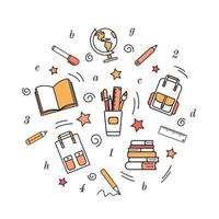 iconos simples de papelería escolar. garabatos, dibujo a lápiz, libros, mochila escolar, globo, bolígrafos, marcador, regla. regreso a la escuela, educación vector