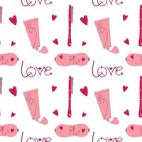 Seamless trendy girlish pattern with pink objects. Comb, sleep mask, heart, cosmetic cream. Vector romantic hand drawing illustration.