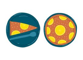 Whole lemon pie and slice on plates. Vector illustration hand drawn style