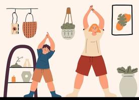 Mom is doing exercise with her son at home. The family goes in for sports together. Vector illustration hand drawn