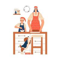 Mom with her son in aprons and red hat prepares food in the kitchen for Christmas and New Year. Cooking baked goods for the holiday. Vector illustration in flat style