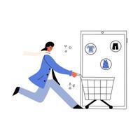 A woman with a basket runs for shopping in an online clothing store. Online shopping concept. Vector illustration in a flat style.