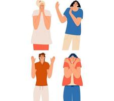 The women are scared. A set of characters with different emotions of surprise, shock, panic, fear. Female phobias. Vector illustration in flat style