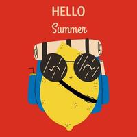 Summer card with comical lemon character in sunglasses and traveler backpack. Vector illustration