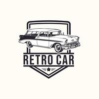 vector de ilustración de coche clásico vintage. gráfico de paseo retro en estilo de emblema de placa. antigua plantilla de transporte