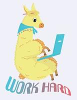 Work hard lama. Cute busy character working on a laptop. Flat vector illustration