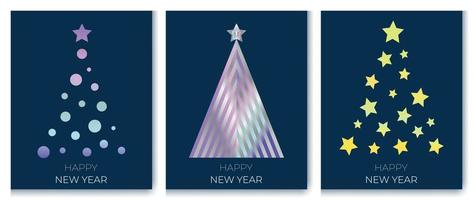 Merry Christmas and happy New Year modern card set. Christmas tree design elements greeting text on blue background vector illustration
