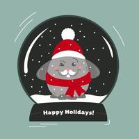 A rabbit dressed as Santa in a snow globe vector