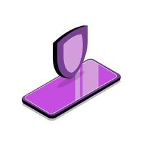 Smartphone in isometry with a shield. Protecting vector