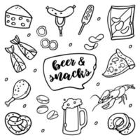 bocadillos de cerveza comida rápida conjunto contorno doodle vector ilustración. conceptos de bocadillos dibujados a mano