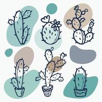 dibujos animados de cactus suculentos en macetas de cerámica esquema doodle estilo grabado ilustración vectorial vector