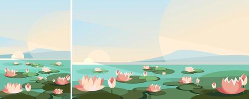 Landscape with lotus flowers on the river. Natural scenery in different formats. vector